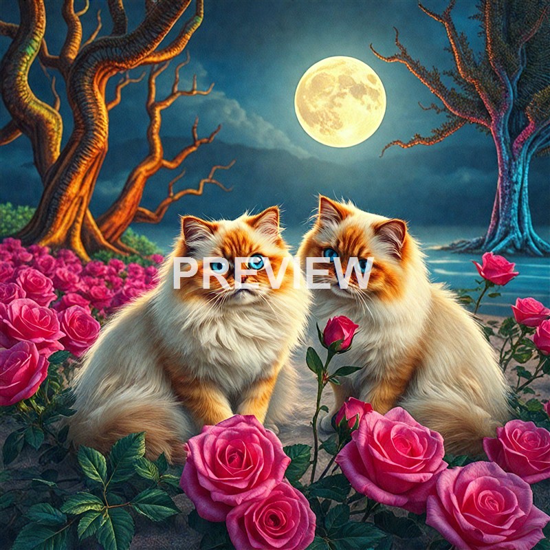 Two fluffy cats with bright blue eyes sit among pink roses in a fantastical landscape under a full moon, with twisted trees and a dark, cloudy sky.